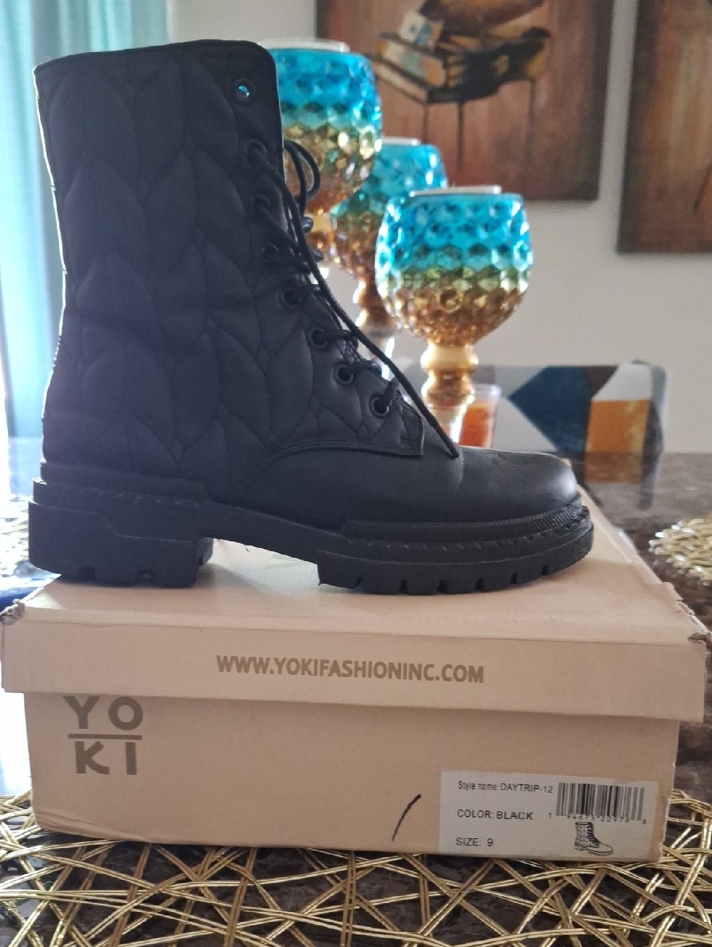 Yoki Black Quilted Lace-Up Combat Boots